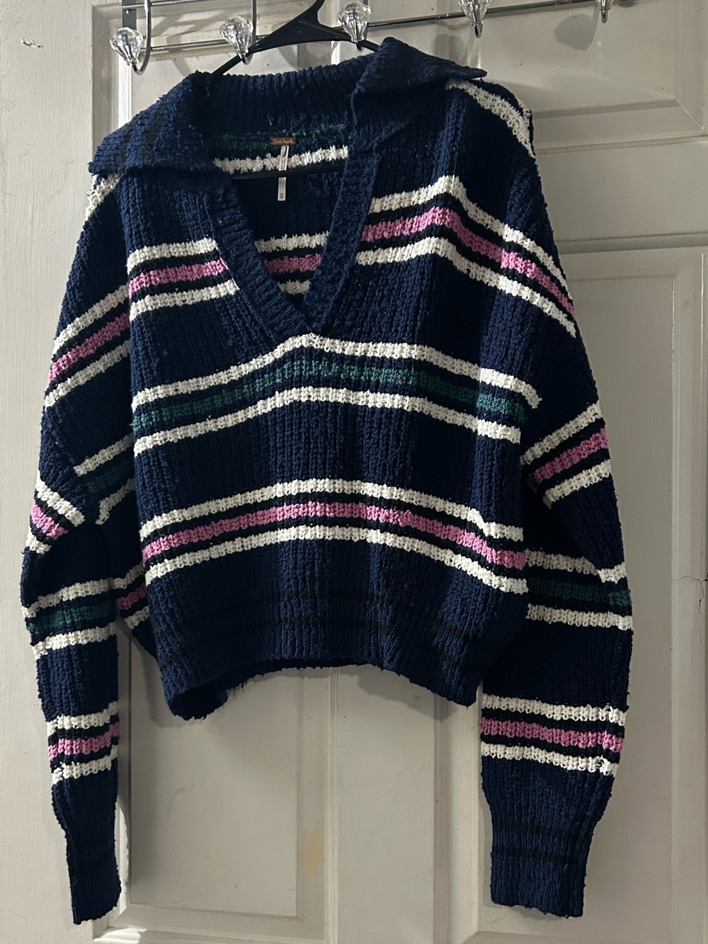 Free People Navy V-Neck Collared Sweater with Pink, White & Green Stripes